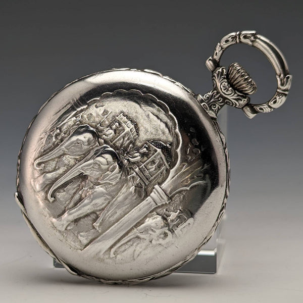 1909 年左右古董浪琴表懷錶浮雕雕刻獵人錶殼銀色側面效果很好